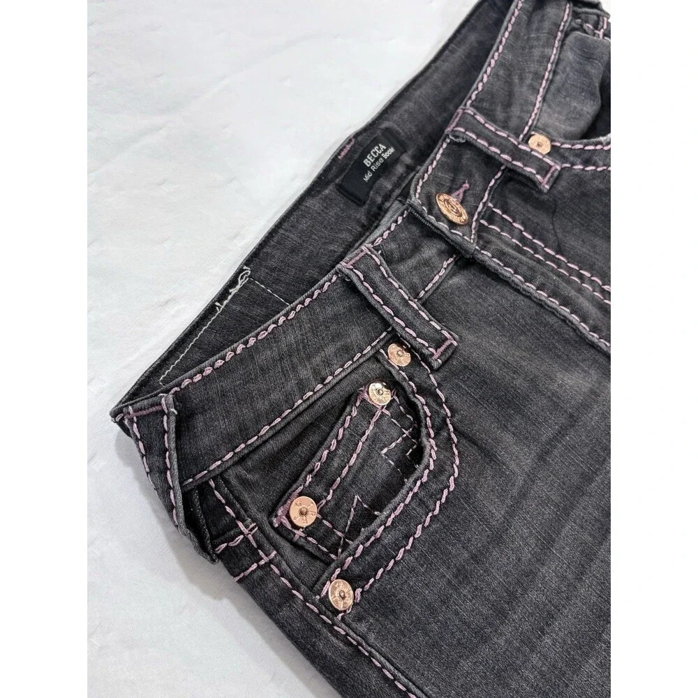 True Religion Becca Women Pink Big T Stitch Bootcut Jeans Washed Black Size 27